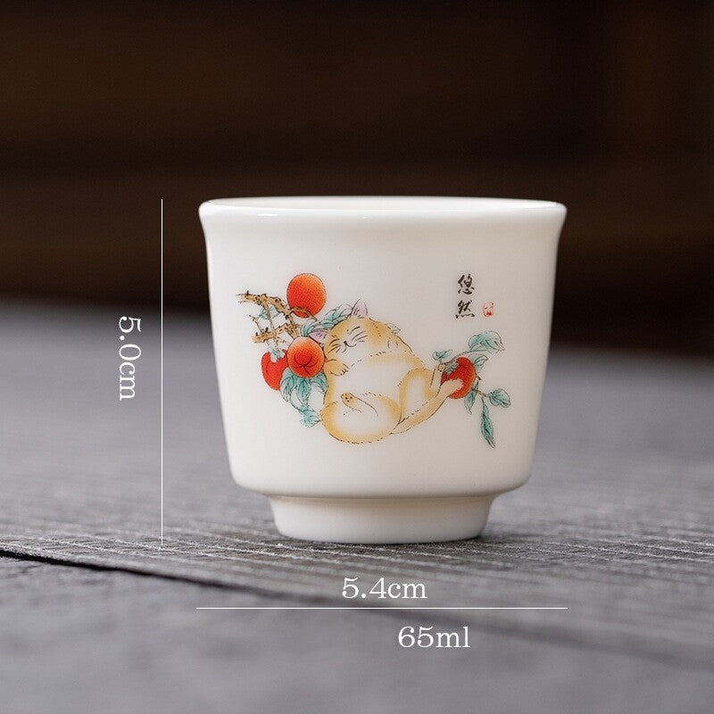 One Cup Fat Mutton Jade Porcelain Tea Cup Love Cat Print Kungfu Tea Cup 70ml New