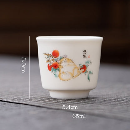 One Cup Fat Mutton Jade Porcelain Tea Cup Love Cat Print Kungfu Tea Cup 70ml New
