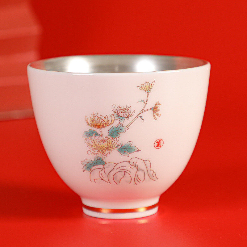 999 Sterling Silver Tea Cup Floral Print Under Glaze Porcelain Master Cup Of Tea