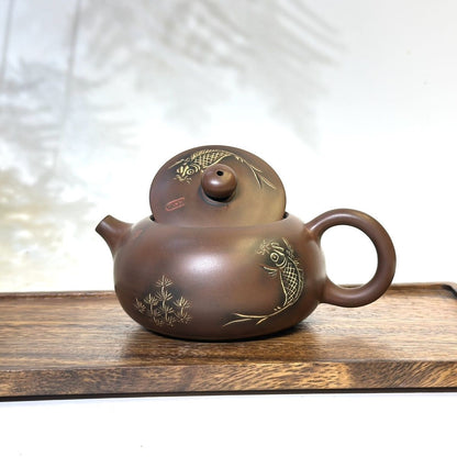 Nixing Clay Hand Carved Fish Teapot 220ml Flat Xishi Style Chinese Tea Brewer