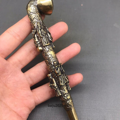 chinese antique old copper hand carved Eight immortals statue pipe smoking tool