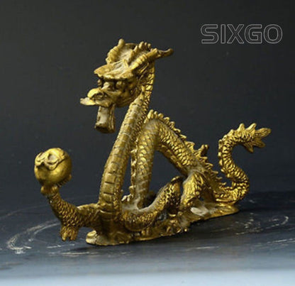 Chinese Luck Feng Shui Dragon Brass Hand-carved Statue figure table decoration