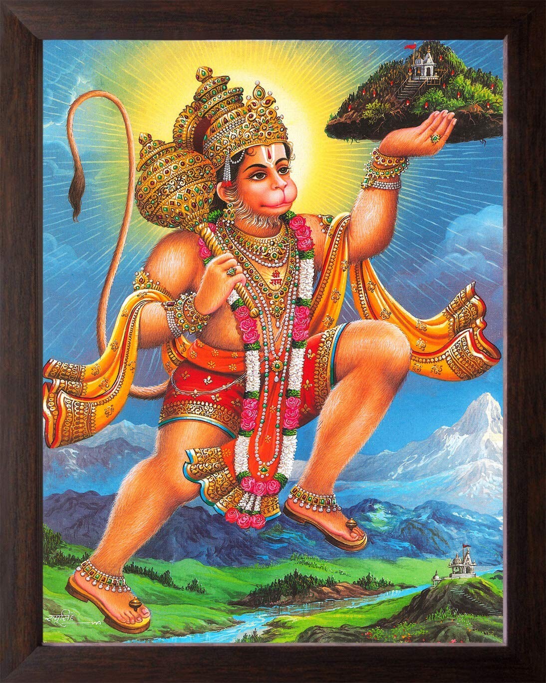 Lord Hanuman Flying Dronagiri Painting HD Printed Religious Picture Wooden Frame