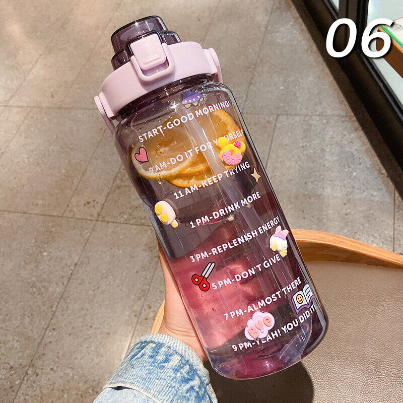 2L Sports Stickers Water Bottle Large Capacity Straw Gradient Fitness Water Cup