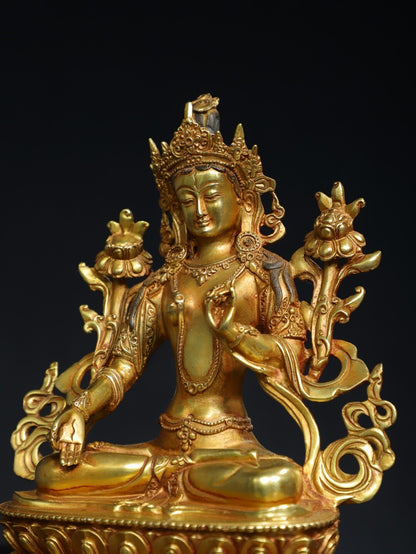 10"Tibet Buddhism Temple Bronze Gilt Tara Kwan-Yin GuanYin Goddess Buddha Statue