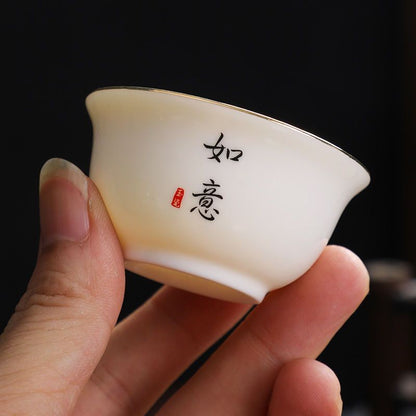 6pcs Chinese Ceramic Kung Fu Teacups Gold Rim 45ml Auspicious Home Tea Set