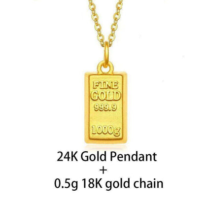 Real 24k Pure 999 Gold Pendant Necklace Luxury Gold Bricks Design Pure Chain