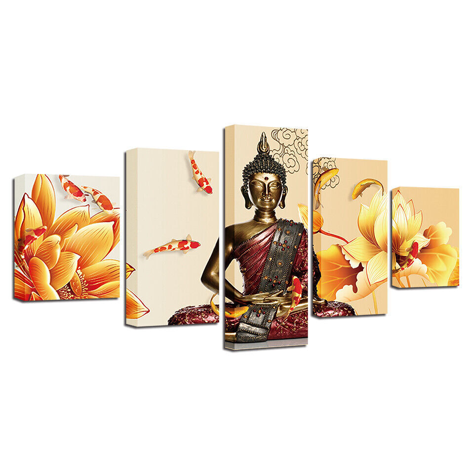 Buddha Meditation Statue Lotus Koi Fish Canvas Prints Painting Wall Art Decor 5P