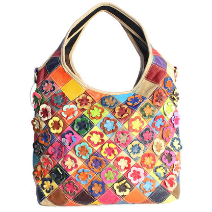 Designer Cow Leather Colorful Floral Patchwork Handbag Women's Tote Shoulder Bag