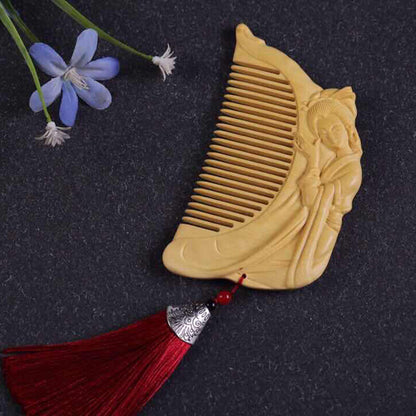 116*65*12mm Fairy Playing the Piano Comb Hand Carving Boxwood Crafts Gift Comb