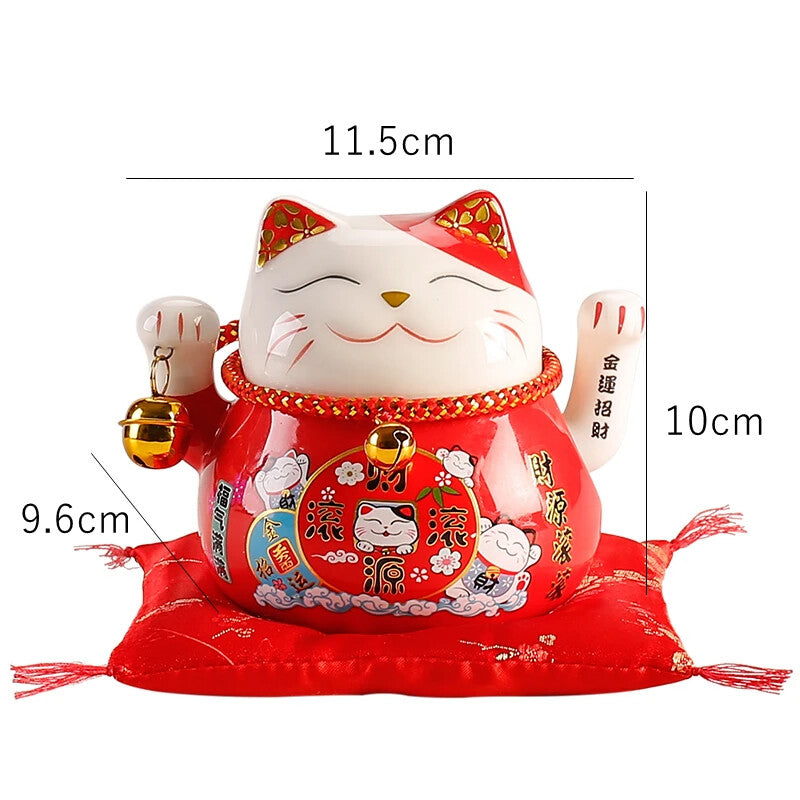 4.5 Inch Ceramic Beckoning Lucky Cat Battery Powered Fortune Cat Waving Arm