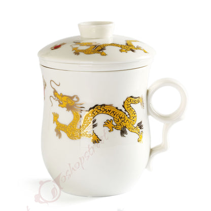 300ml Dragon Ceramic White Porcelain Tea Infuser Mug with Lid Mug Cup-