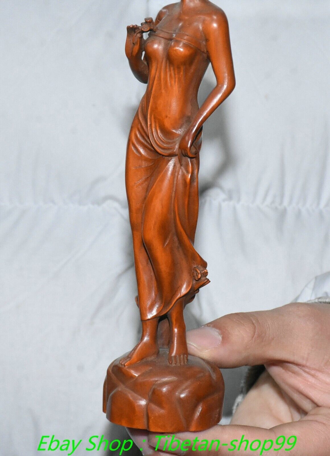 7.8''Old Chinese Boxwood Carving Beauty Beautiful Belle Statue Sculpture