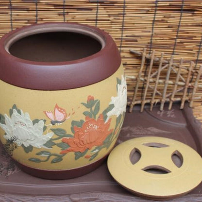 Real Yixing Zisha Purple Clay Tea Canister With Lid Sealed Floral Relief Big Jar