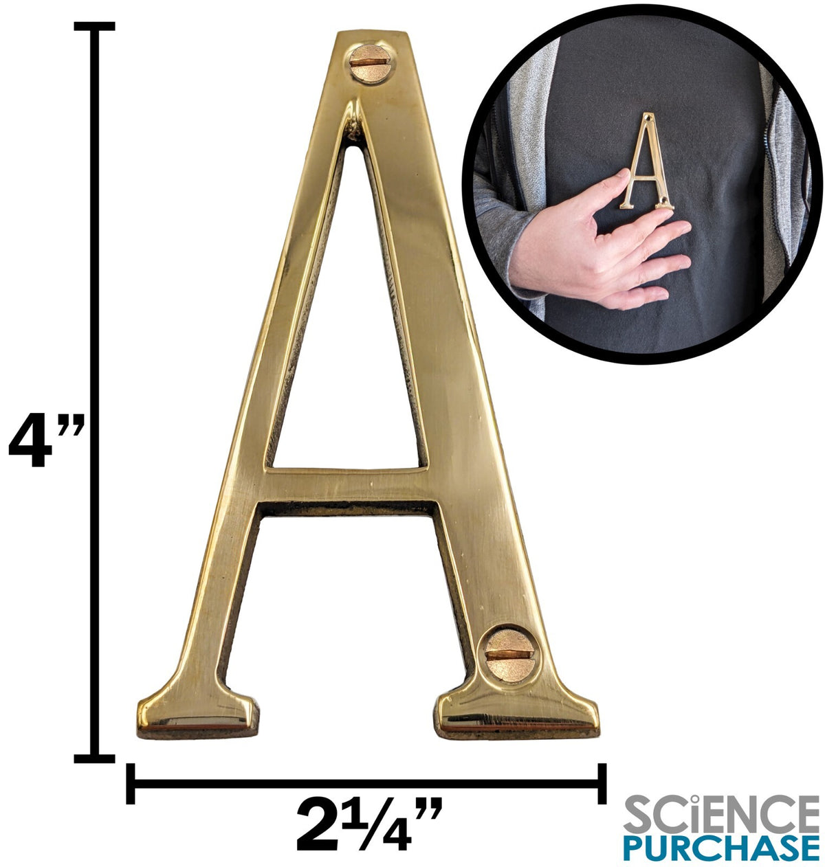 4-inch House Letter with Mounting Screws, Polished Brass, Shiny Gold Color