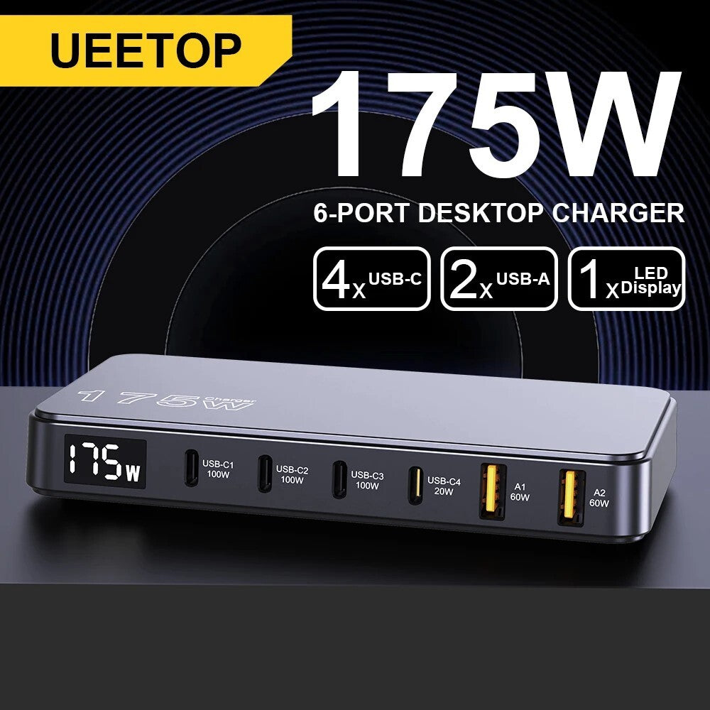 Ueetop 175W GaN USB C Charger LED Display 6-Port Desktop Charger Type C PD 100W