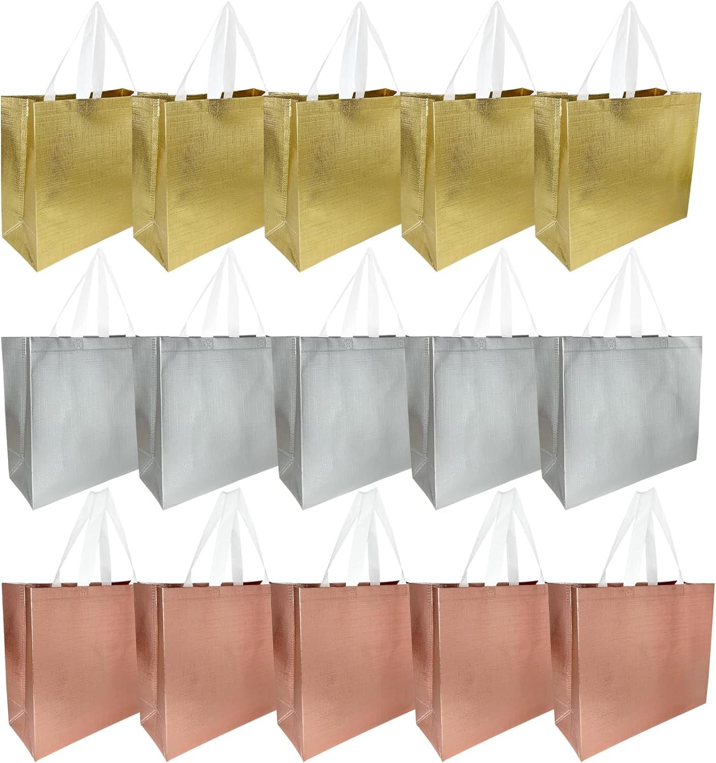 Reusable Gift Bags 15 PACK Grocery Bag Shopping Inches, Rose gold/Gold/Silver