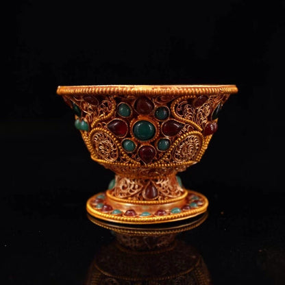 3.3 inch Chinese Tibetan Buddhist Temple Collection Casting Gemstone Collection Silver Cup -