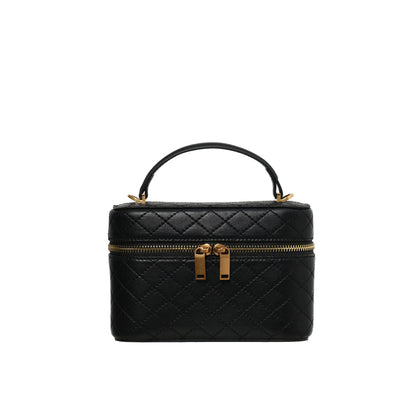 Fully Lambskin Lined!Quilted Real Leather Vanity Case Shoulder Bag Purse Chains