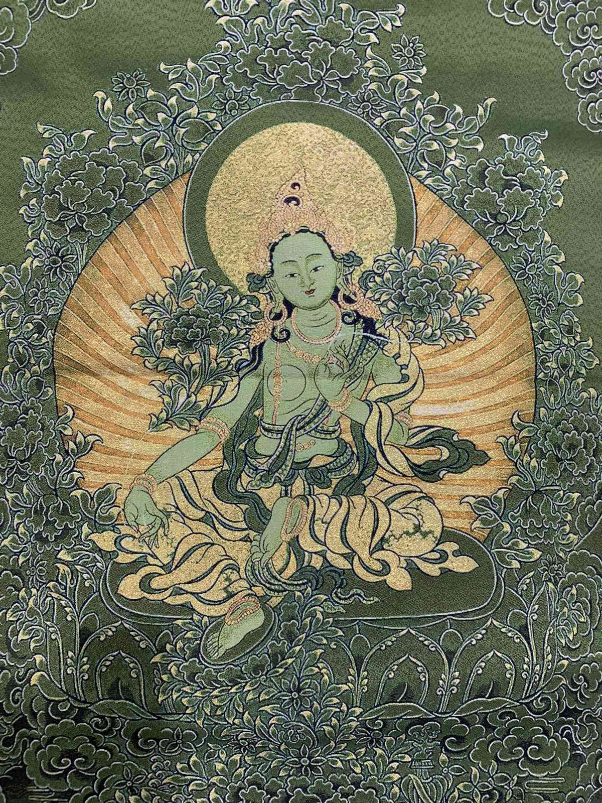 36"Tibet Tibetan Cloth Silk Buddhism Green Tara Guanyin Tangka Thangka Mural 075