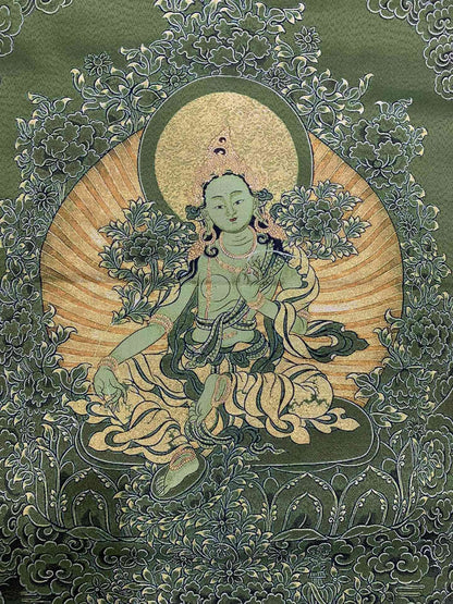 36"Tibet Tibetan Cloth Silk Buddhism Green Tara Guanyin Tangka Thangka Mural 075