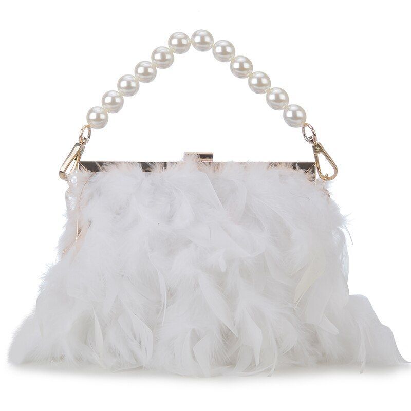 Luxury Real Feather Purse Handbag Clutch Shoulder Bags Pearl Chain 20*5*18 CM