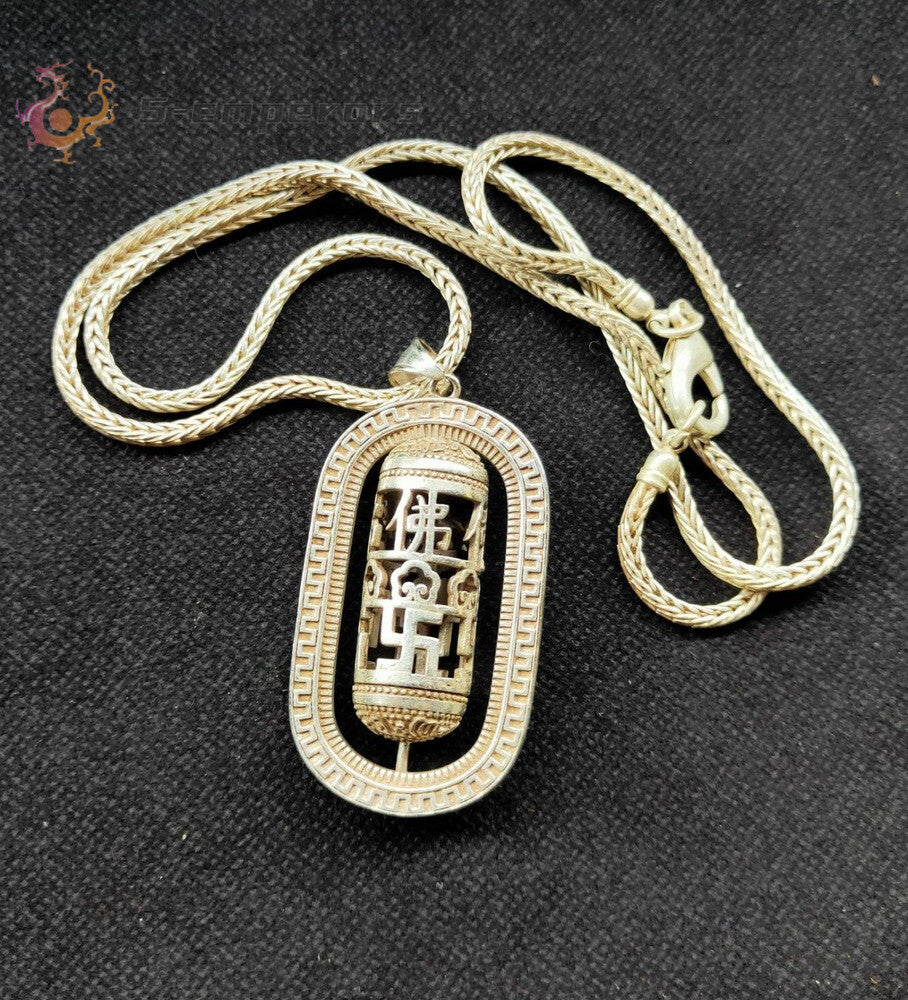 tibet silver carved Rotate Luck blessing pillars pendant amulet Necklace buddha