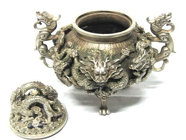 Silver Nine Dragon Censer Old Stamp Tripod Incense Burner Statue Collection