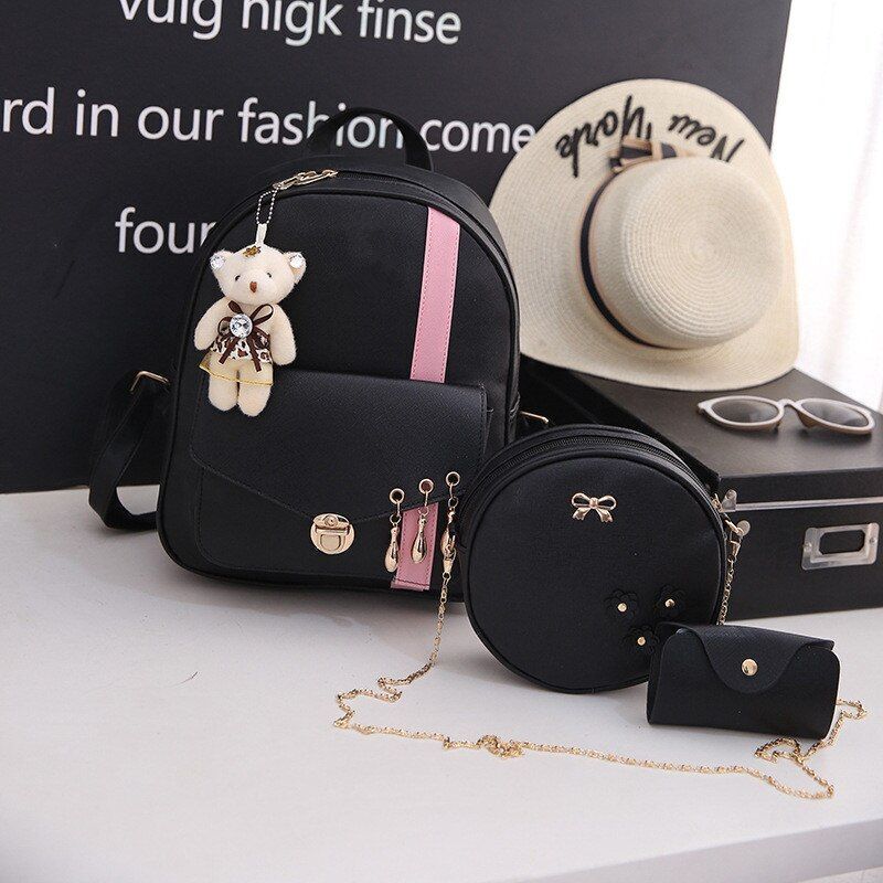 Leather Three Piece Backpack Sets Women Fashion Leather Backpack Card Holder 1PC