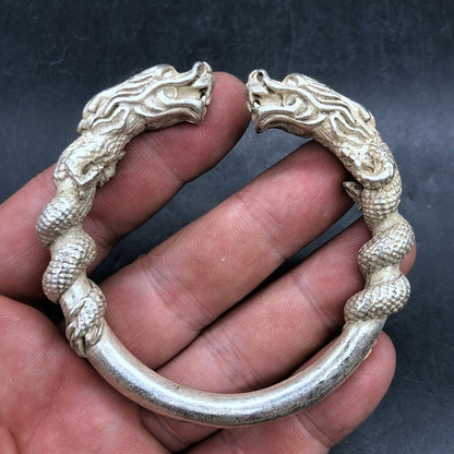Vintage Copper Double Dragon Bracelet - Handmade Open Cuff Dragon Bangle Jewelry