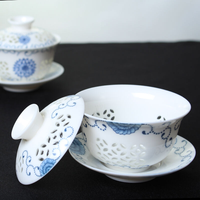 Gaiwan Tea set porcelain gaiwan floral print tureen hollow-out design cup bowl
