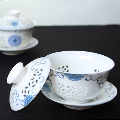 Gaiwan Tea set porcelain gaiwan floral print tureen hollow-out design cup bowl