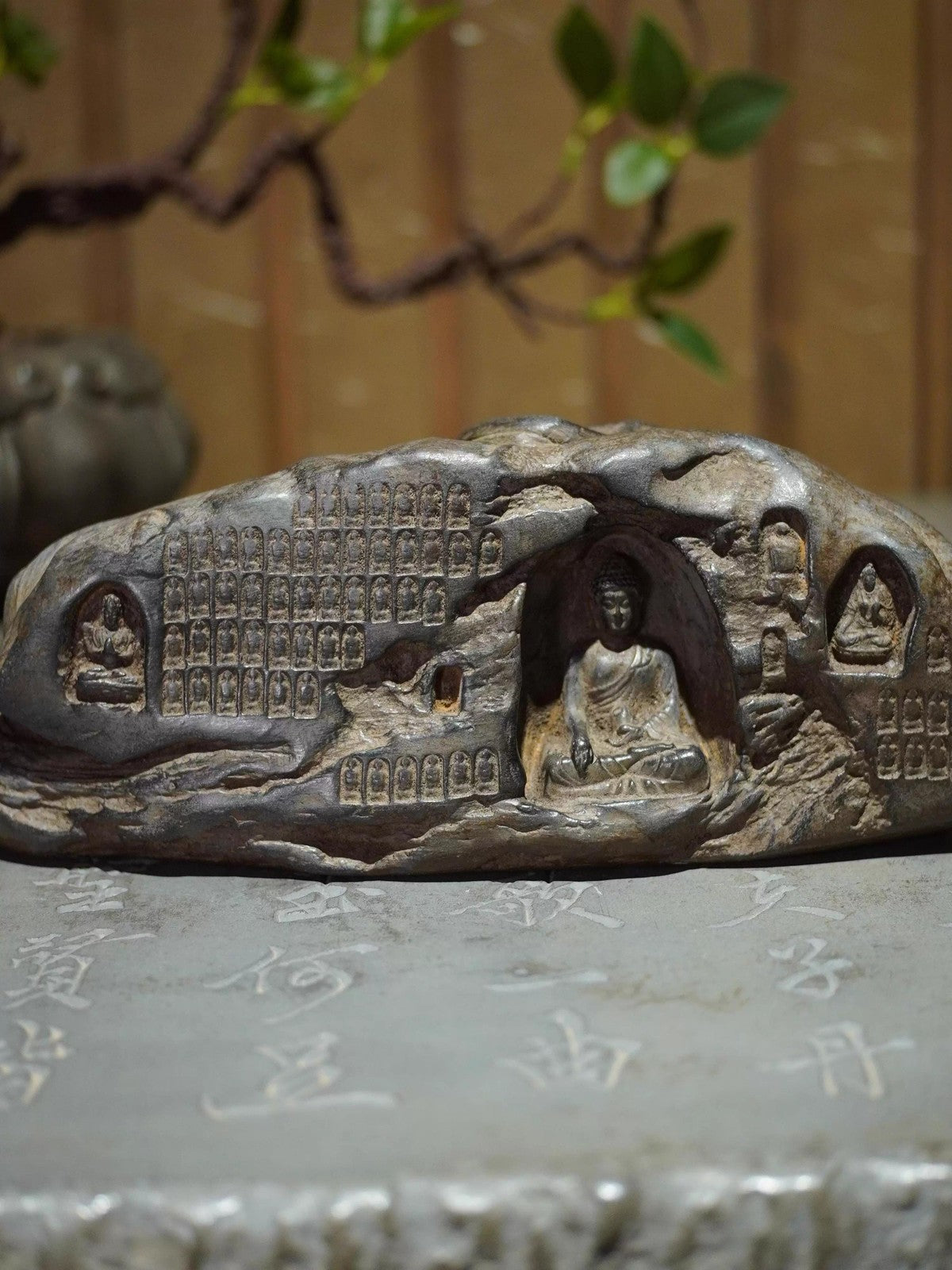 Old Stone Carved Buddha Statue Zen Religious Belief Home Office Decor