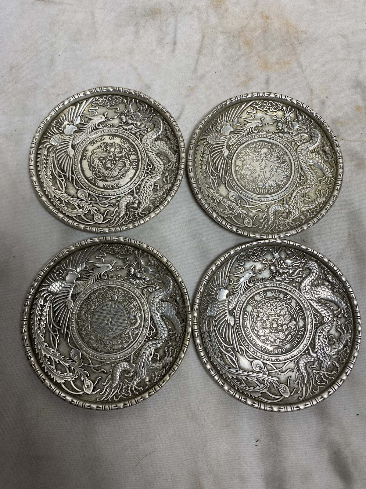 Rare one piece collect tibet silver copper handcarved dragon Phoenix plate
