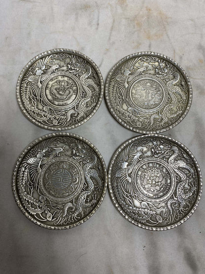 Rare one piece collect tibet silver copper handcarved dragon Phoenix plate