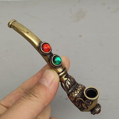 Old brass copper inlay gemstone handmade Cigarette holder Smoking tools