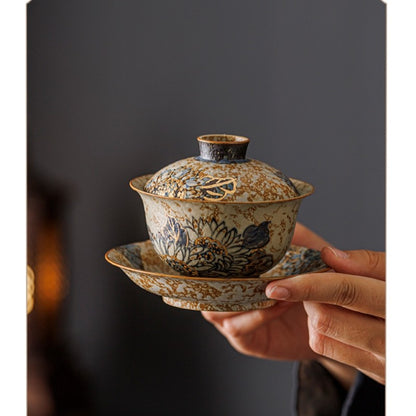 Hand-Painted Blue and White Ceramic Sancai Lidded Gaiwan Tea Bowl Tureen 180ml