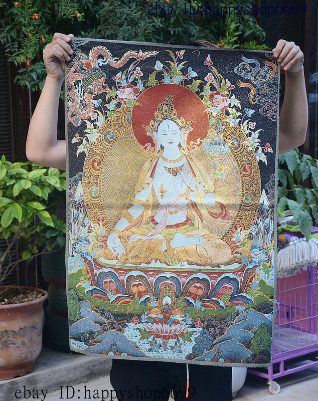 36" Tibet Buddhism Silk Cloth White Tara 7 eyes Thangka Painting Mural 11