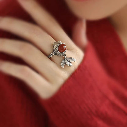 Vintage Chinese Koi Fish Ring Red Agate Adjustable Retro New Chinese Style Band
