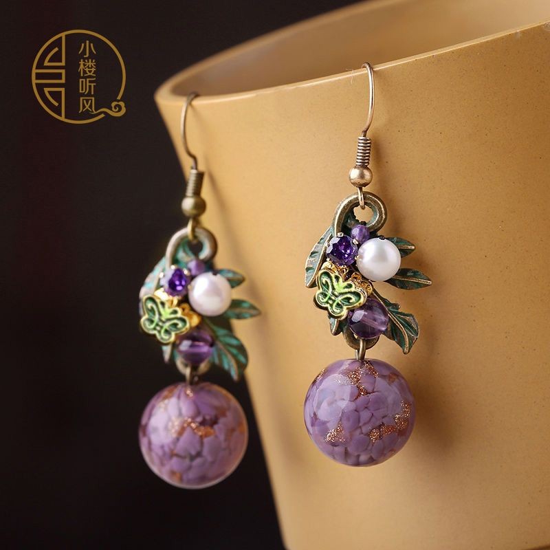 Boho Purple Flower Earrings Retro Ethnic Jewelry For Hanfu Cheongsam