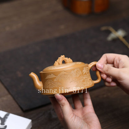 True Yixing Zisha Duan Clay Tea Pot HanWa Pot 7 Infuser Holes Carved Kungfu Pots