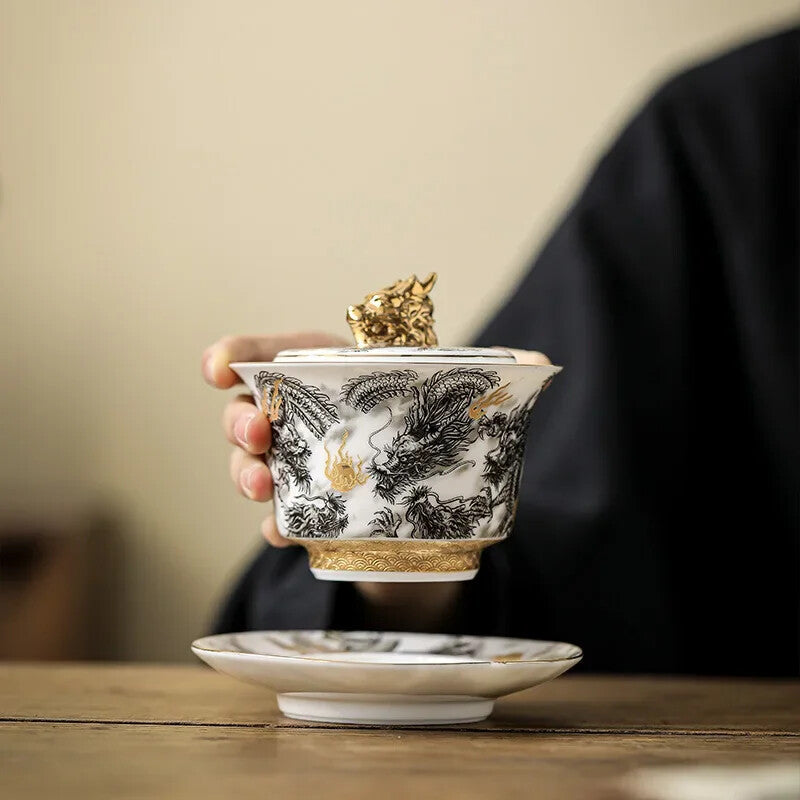 Chinese Dark Dragon Sheep Fat Jade Porcelain Gaiwan High-end Retro Tea Bowl