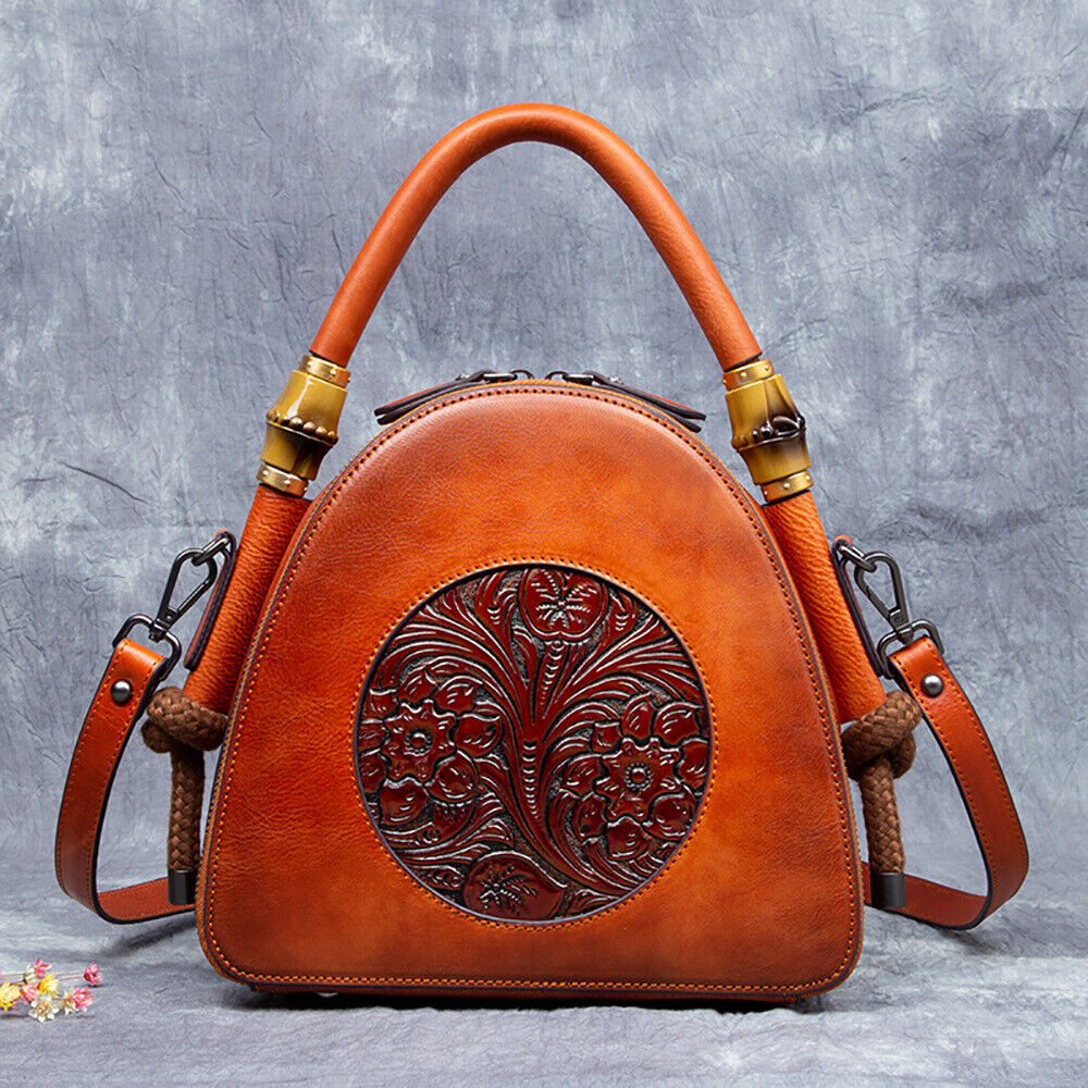 Women's Retro 100% Genuine Leather Handbag Embossed Crossbody Shoulder Shell Bag