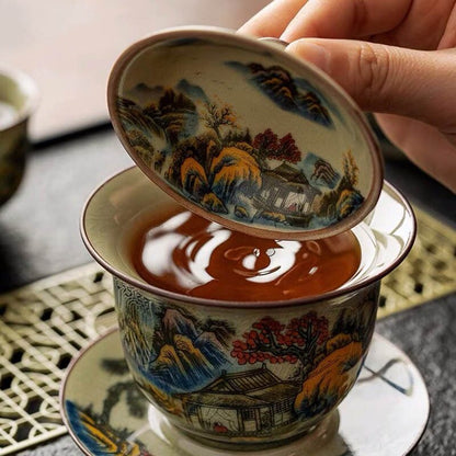 Colorful Ceramic Opening Gaiwan For Tea Landscape Tureen Teaware Set Chinese