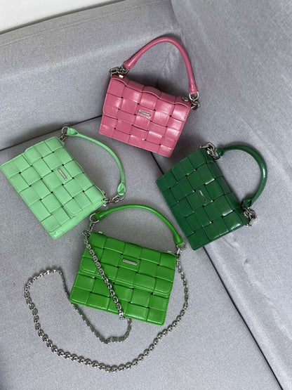 Woven Leather Small Flap Purse Chains Satchel Mini Tote Crossbody Shoulder Bag