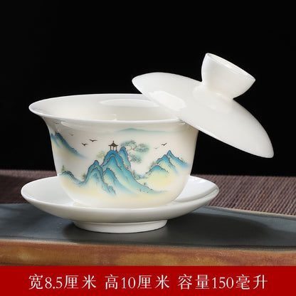 Sheep Fat Jade Porcelain Dehua Cover Bowl White Porcelain Blue and White Tea Set