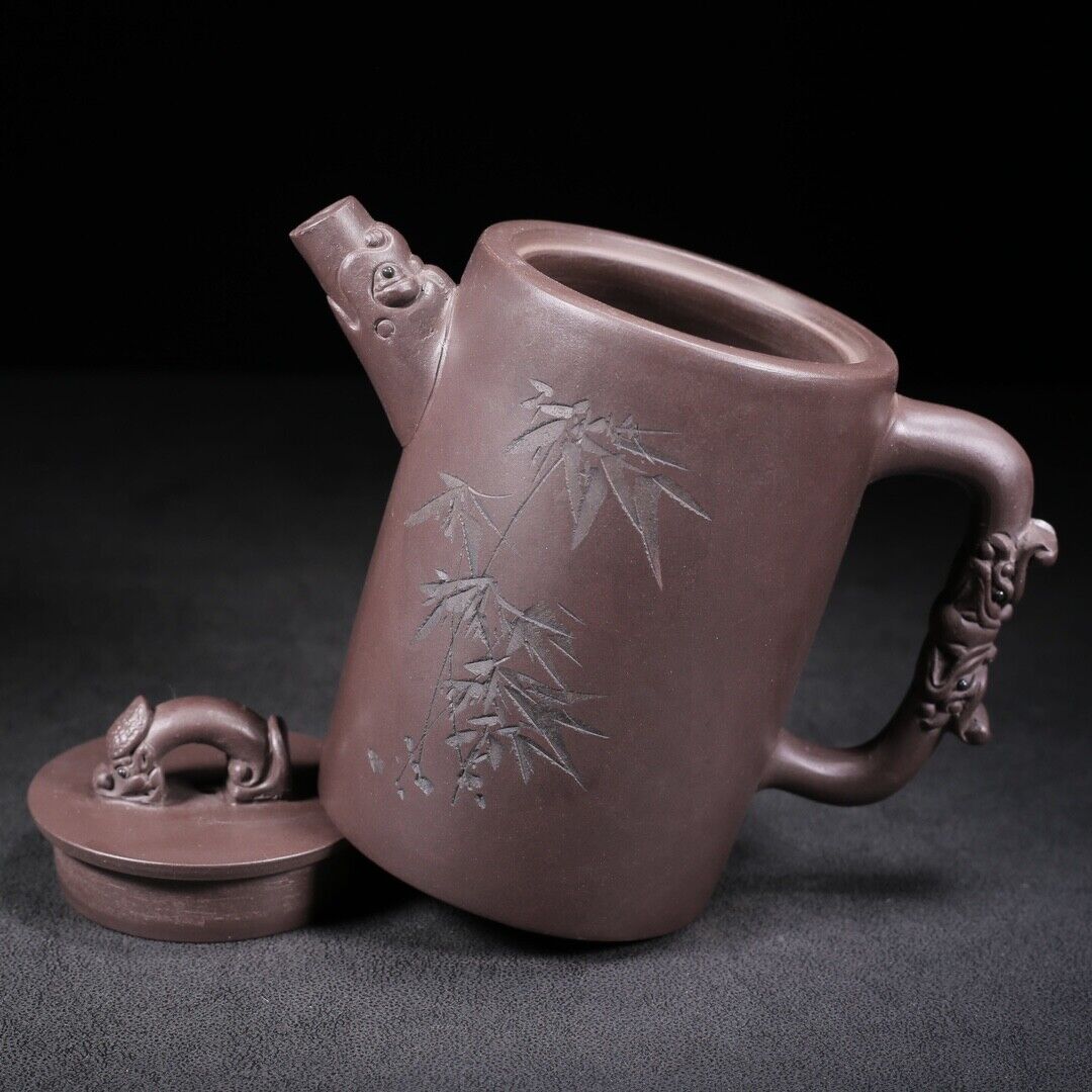 vintage chinese yixing purple clay teapot zisha ceremony carving bamboo tea set