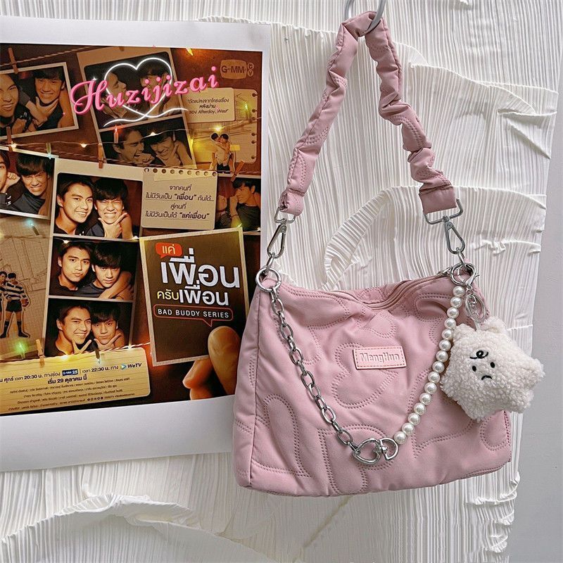 Heart Thread Bag Chain Shoulder Bag Zipper Beaded Handbag Black Brown White Pink