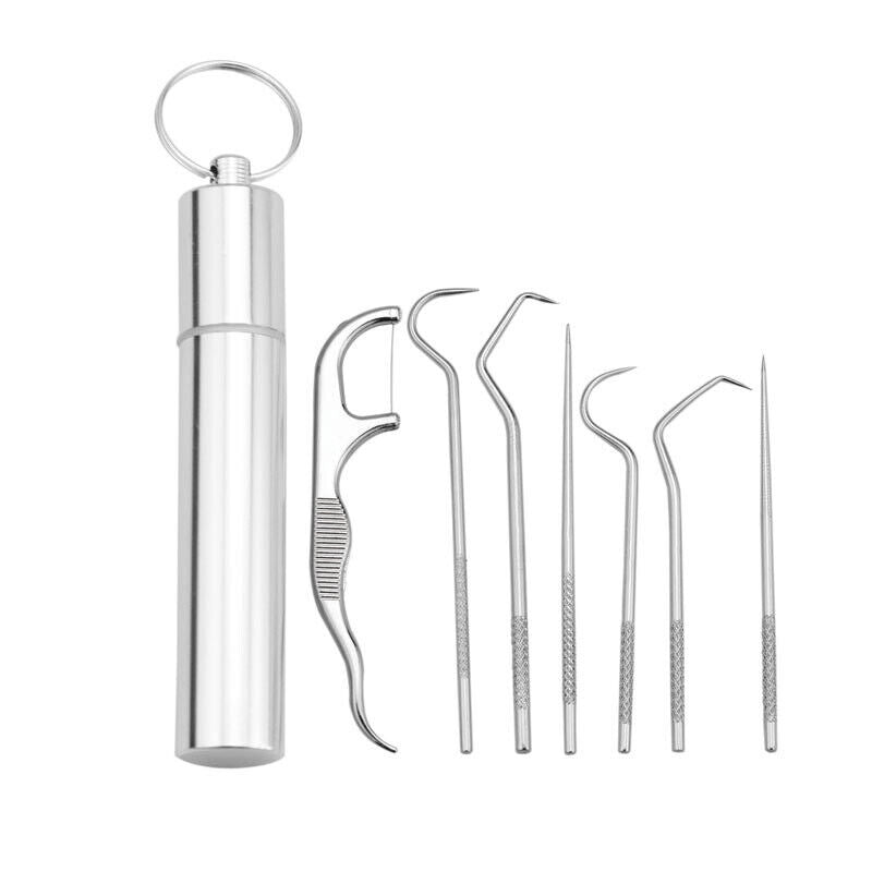 8pcs Portable Stainless Steel Metal Toothpick Bag Set Reusable with Hold-ca