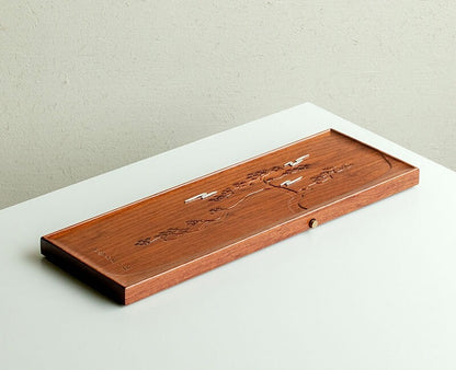 Ebony Wood Tea Tray Rectangle Water Reservoir Solid Wood Serving Tray Silver New